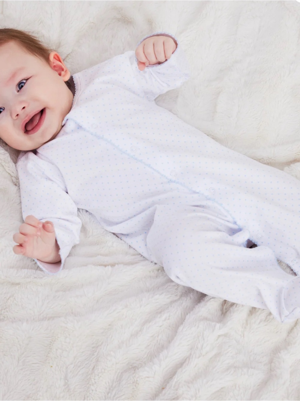 White/Blue  Kissy Dots Print Footie size 6-9 months